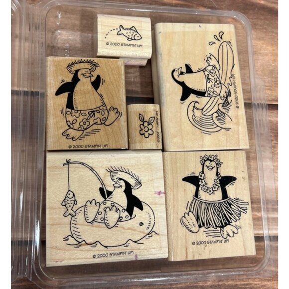 Stampin Up! PENGUIN PARADISE Wood Mounted Rubber Stamp Set FISH SURF HAWAII - Picture 1 of 4